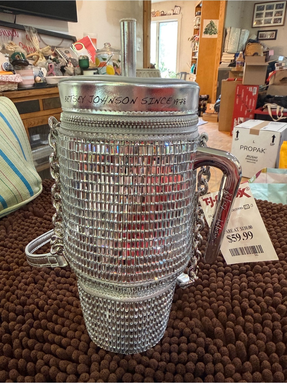 Betsey Johnson Silver Rhinestone Novelty Cup Crossbody